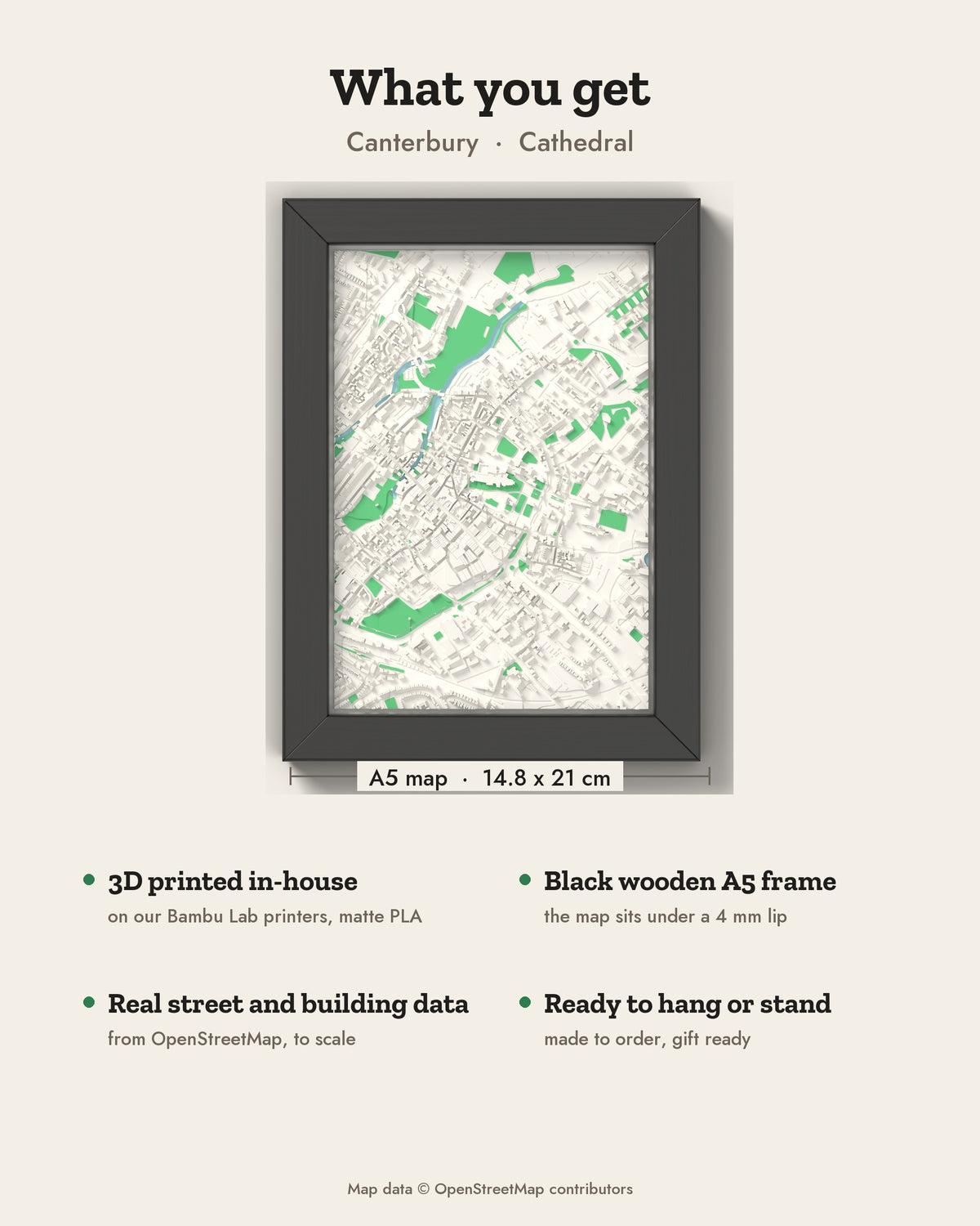 3D Canterbury Map Framed - What you get: A5 3D city map, 14.8 x 21 cm, in a black wooden frame