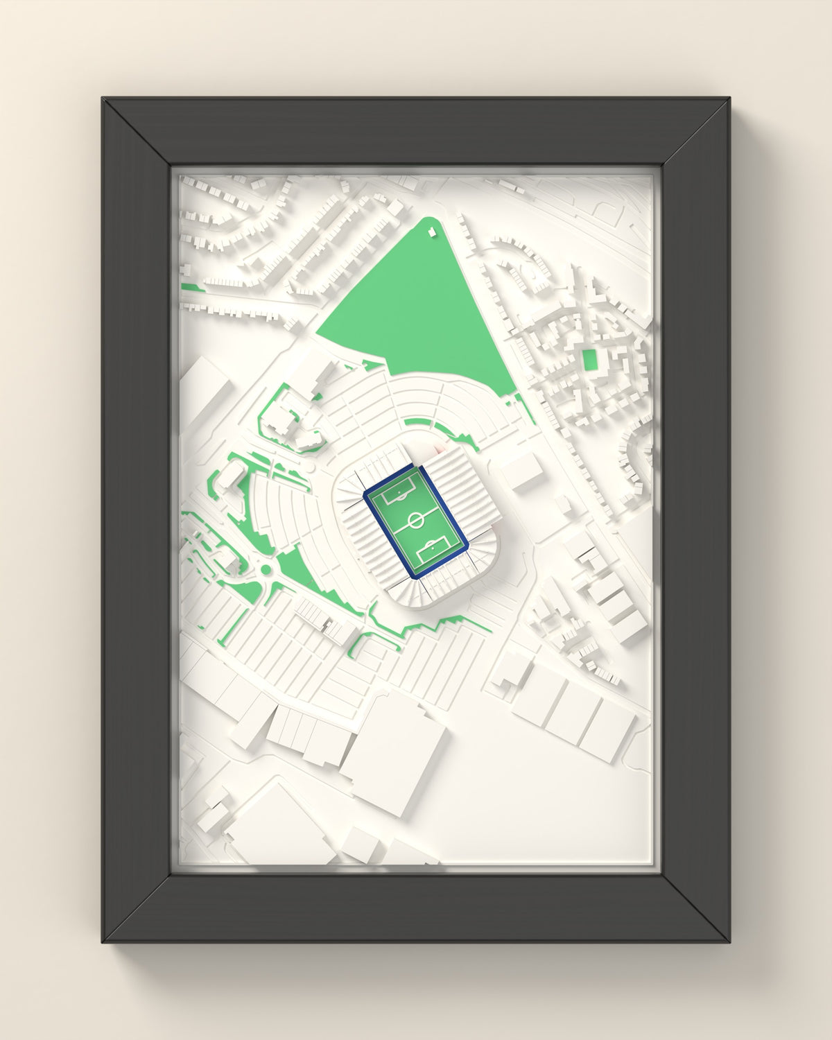 3D Cardiff City Stadium Map Framed - 3D printed Cardiff City Stadium map in a black wooden A5 frame, lit from the side
