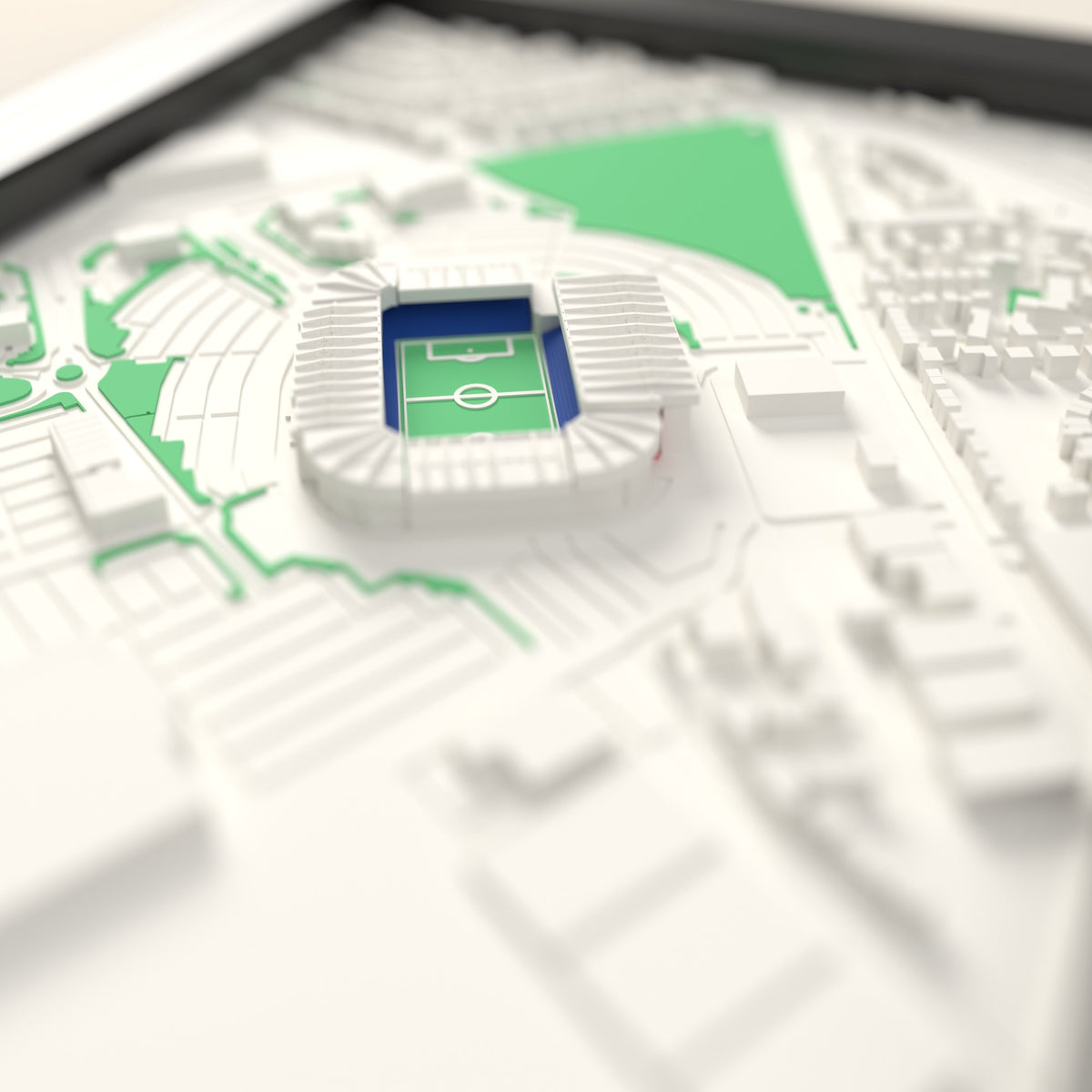 3D Cardiff City Stadium Map Framed - Close-up across the 3D map showing the Cardiff City Stadium stands and green pitch standing up from the streets