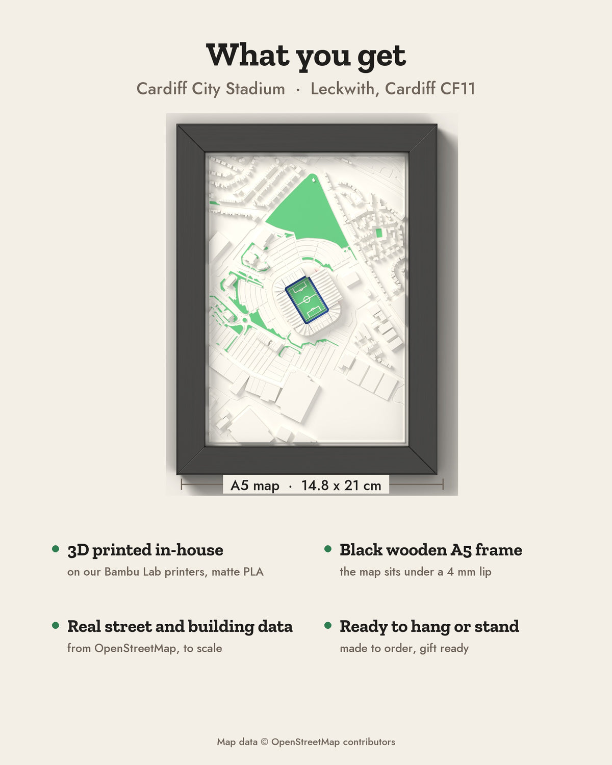 3D Cardiff City Stadium Map Framed - What you get: A5 3D stadium map, 14.8 x 21 cm, in a black wooden frame