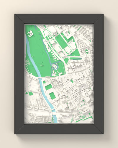 3D Cardiff Map Framed - 3D printed Cardiff map in a black wooden A5 frame, lit from the side