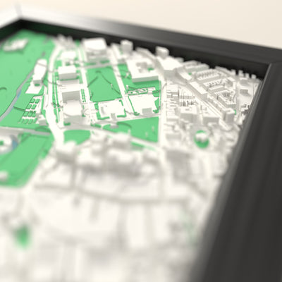 3D Cardiff Map Framed - Close-up across the 3D Cardiff map showing the raised streets and buildings