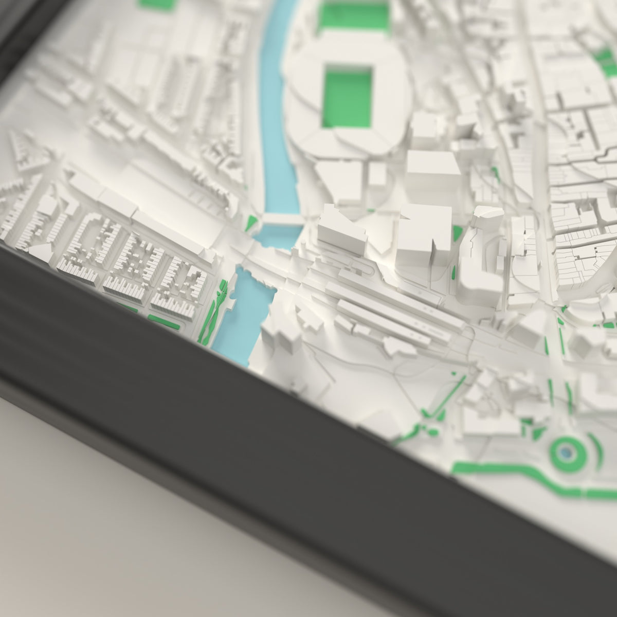 3D Cardiff Map Framed - Close-up of the raised streets of Cardiff on the 3D printed map
