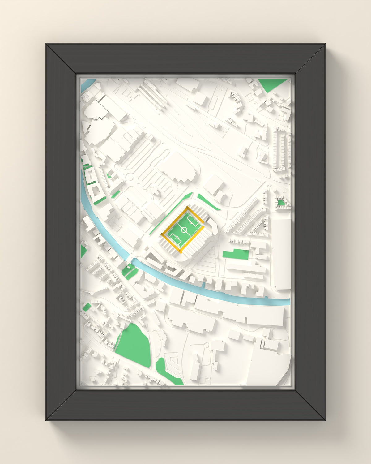 3D Carrow Road Map Framed - 3D printed Carrow Road map in a black wooden A5 frame, lit from the side