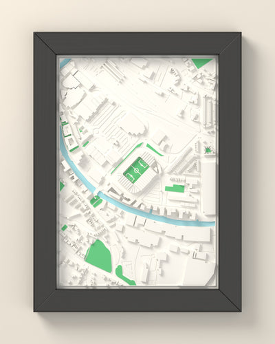 3D Carrow Road Map Framed - 3D printed Carrow Road map in a black wooden A5 frame, lit from the side