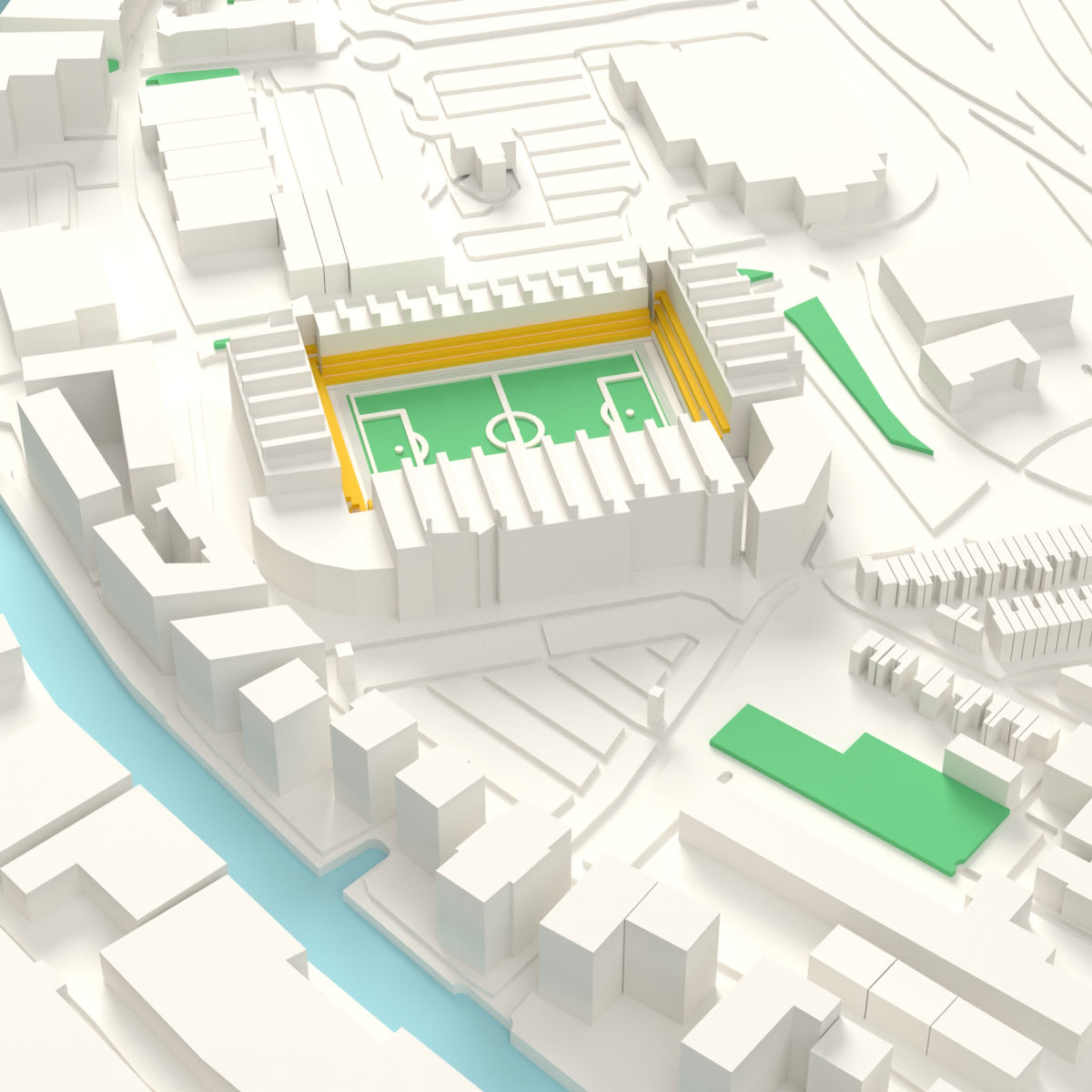 3D Carrow Road Map Framed - Detail of the 3D printed Carrow Road: every stand modelled from the real ground, seats in yellow