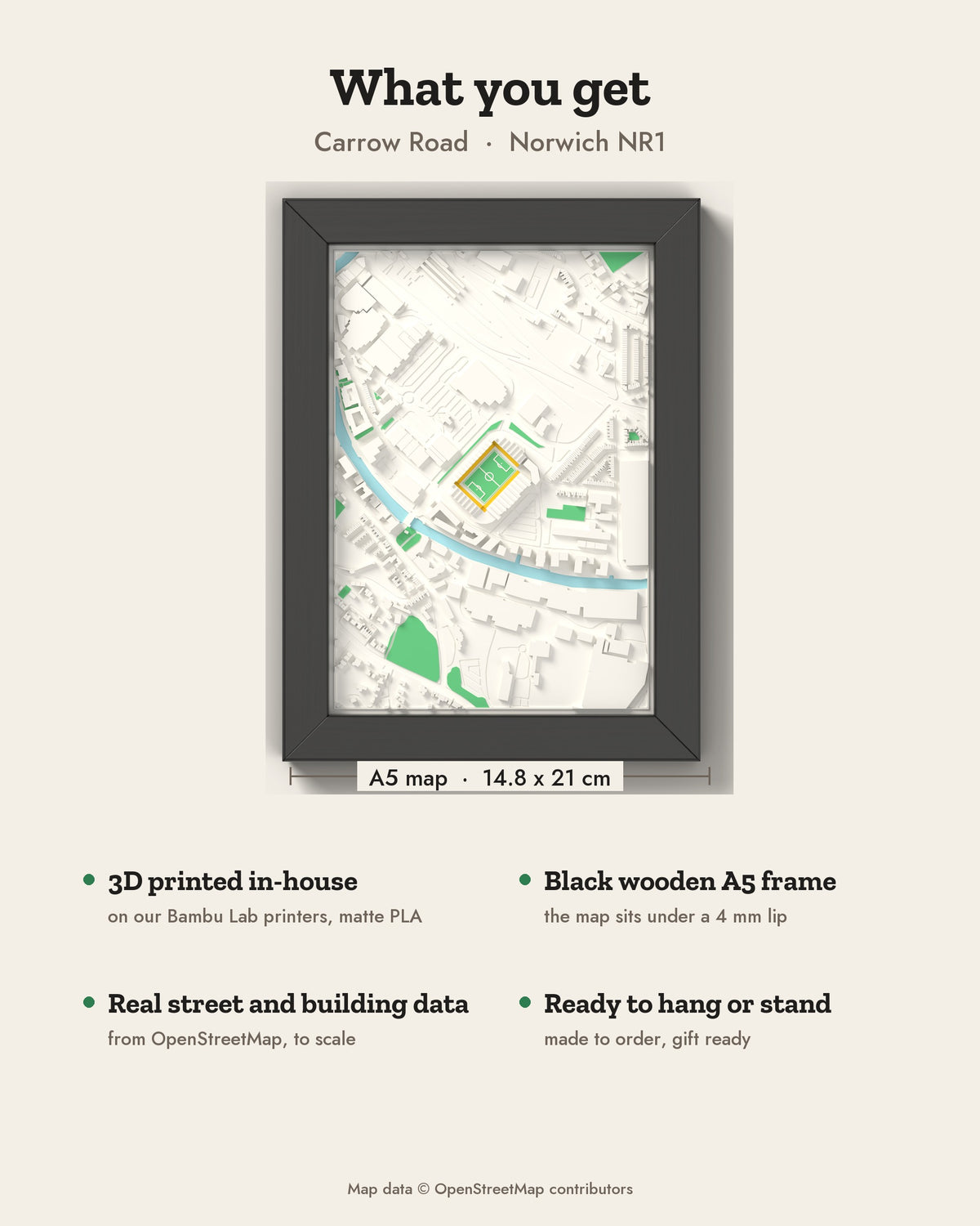 3D Carrow Road Map Framed - What you get: A5 3D stadium map, 14.8 x 21 cm, in a black wooden frame