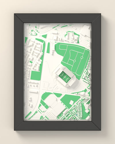 3D Celtic Park Map Framed - 3D printed Celtic Park map in a black wooden A5 frame, lit from the side