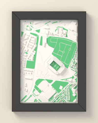 3D Celtic Park Map Framed - 3D printed Celtic Park map in a black wooden A5 frame, lit from the side