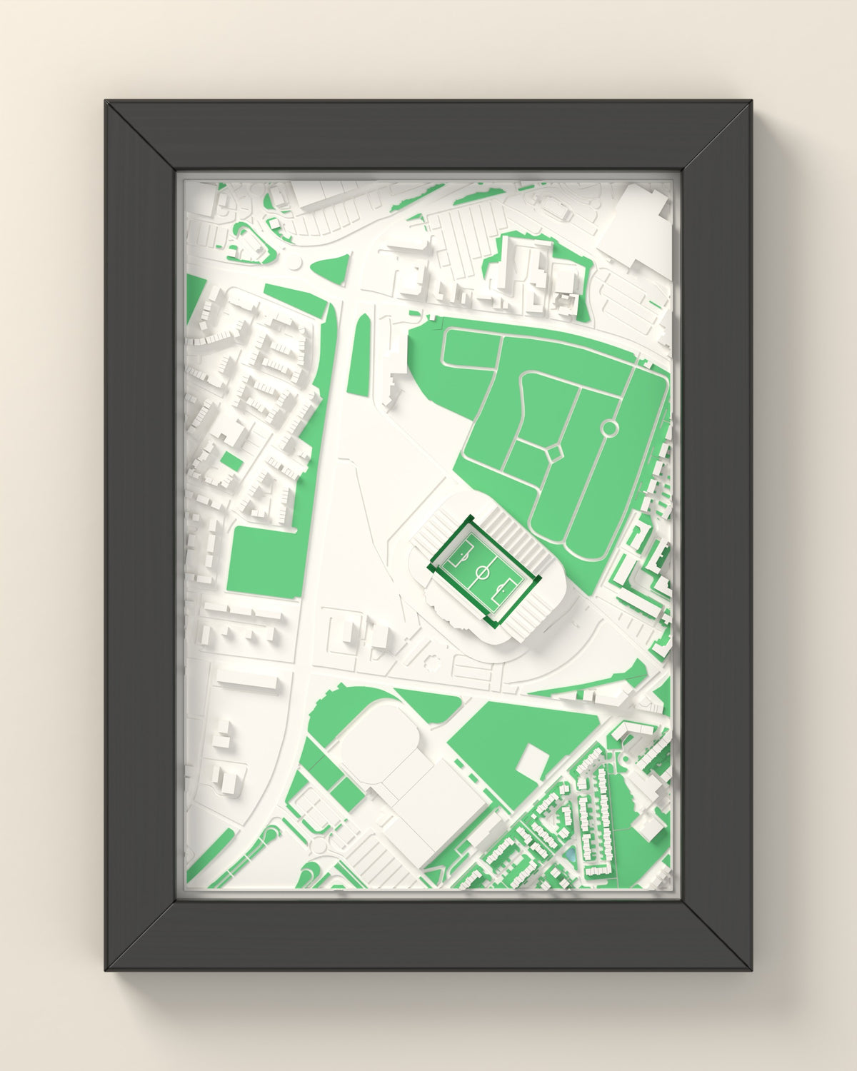 3D Celtic Park Map Framed - 3D printed Celtic Park map in a black wooden A5 frame, lit from the side