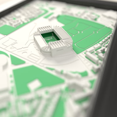 3D Celtic Park Map Framed - Close-up across the 3D map: the real Celtic Park stands with green seats around the green pitch
