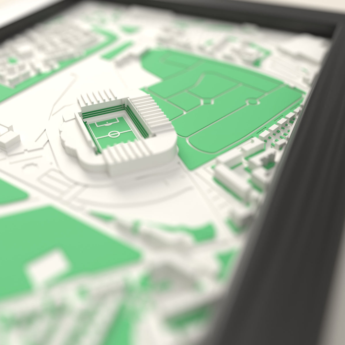 3D Celtic Park Map Framed - Close-up across the 3D map: the real Celtic Park stands with green seats around the green pitch