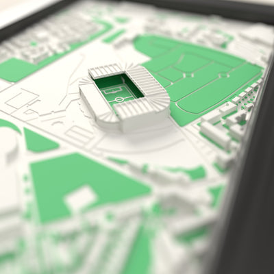 3D Celtic Park Map Framed - Close-up across the 3D map: the real Celtic Park stands with green seats around the green pitch