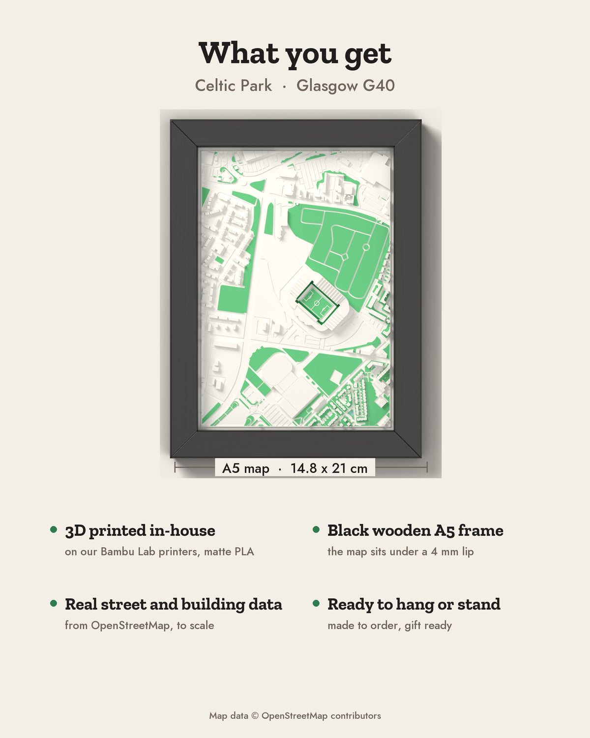 3D Celtic Park Map Framed - What you get: A5 3D stadium map, 14.8 x 21 cm, in a black wooden frame