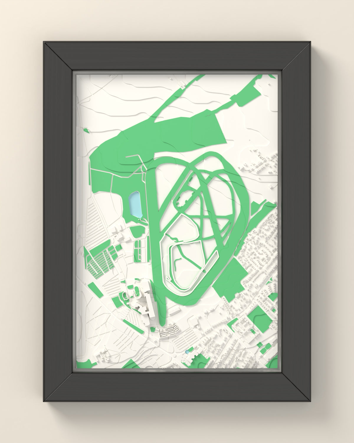 3D Cheltenham Racecourse Map Framed - 3D printed Cheltenham Racecourse map in a black wooden A5 frame, lit from the side