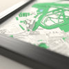 3D Cheltenham Racecourse Map Framed - Close-up across the 3D map: the Cheltenham Racecourse racing surface and grandstands standing up from the streets