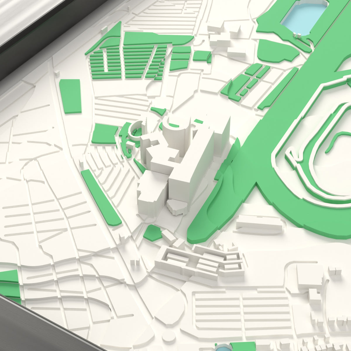 3D Cheltenham Racecourse Map Framed - Cheltenham Racecourse on the 3D printed map, seen from above the corner of the course