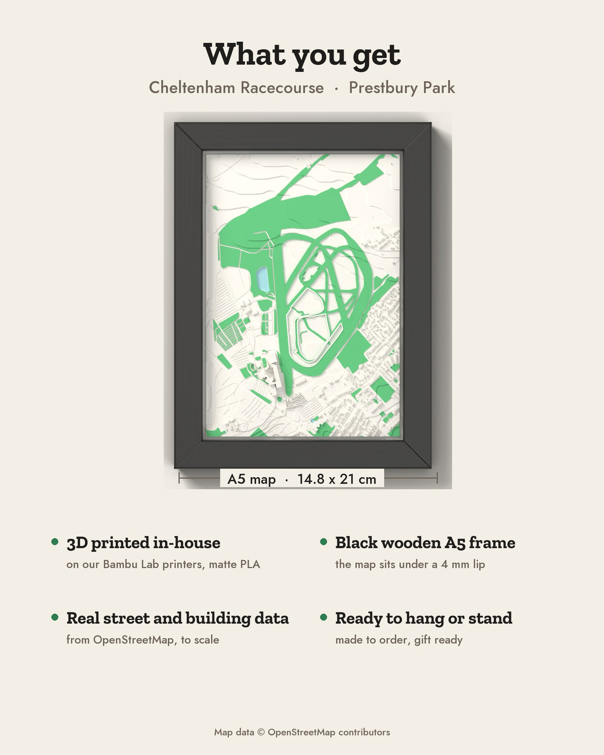 3D Cheltenham Racecourse Map Framed - What you get: A5 3D map, 14.8 x 21 cm, in a black wooden frame