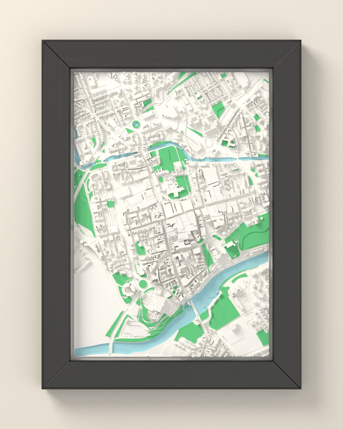 3D Chester Map Framed - 3D printed Chester map in a black wooden A5 frame, lit from the side