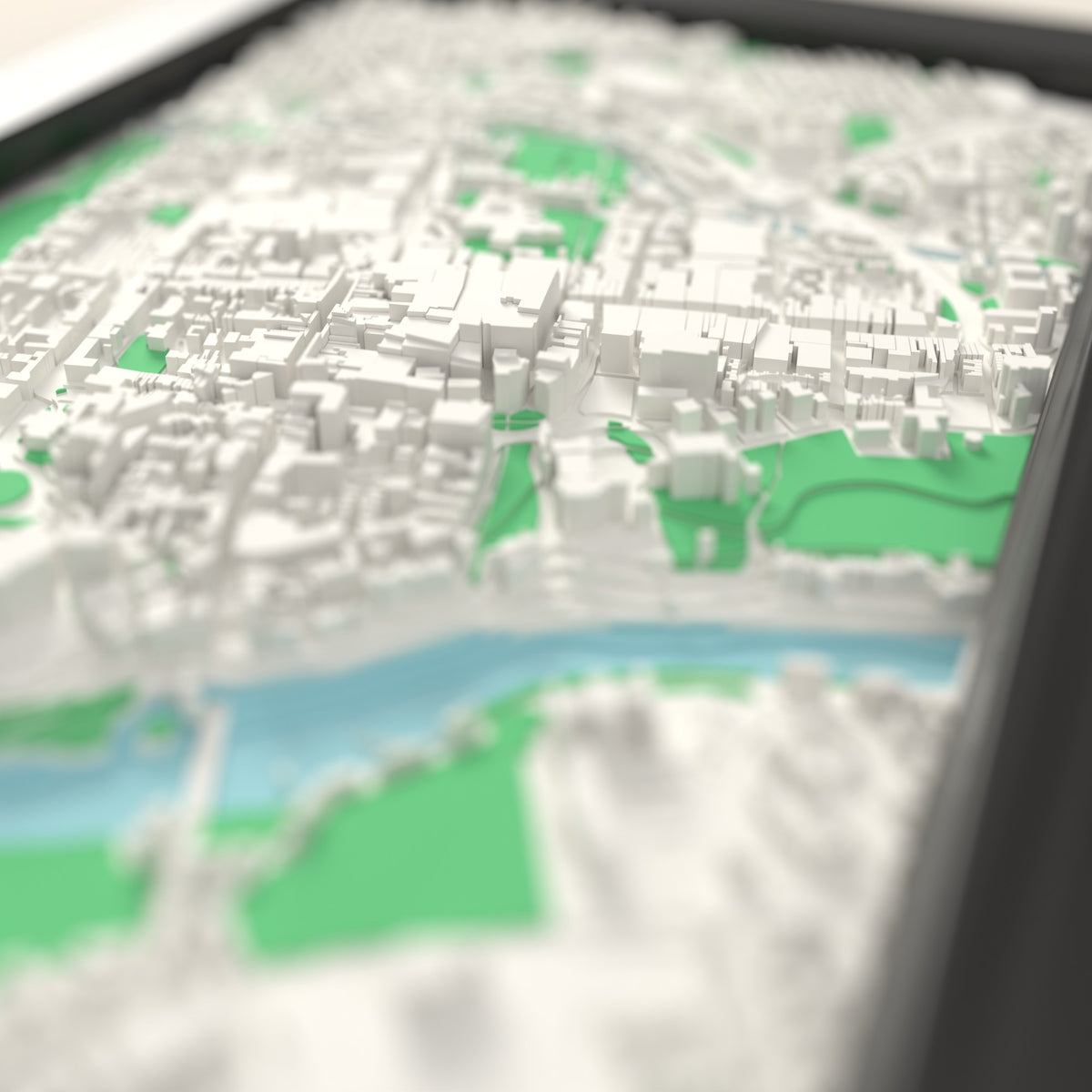 3D Chester Map Framed - Close-up across the 3D Chester map showing the raised streets and buildings