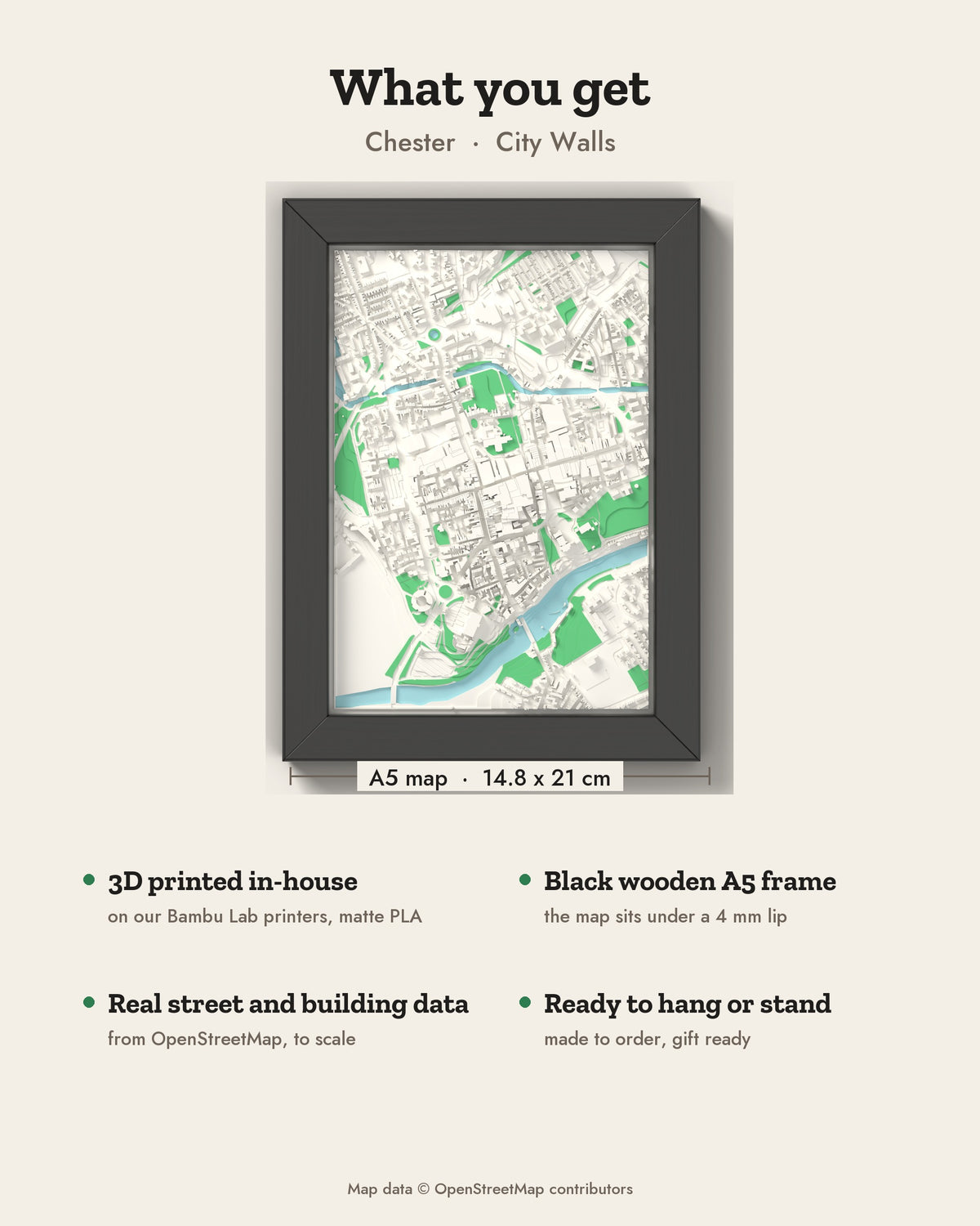 3D Chester Map Framed - What you get: A5 3D city map, 14.8 x 21 cm, in a black wooden frame
