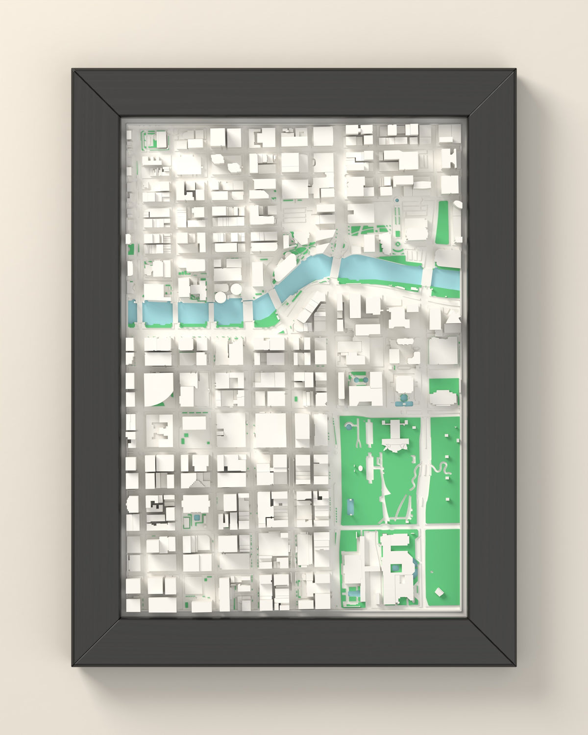 3D Chicago Map Framed - 3D printed Chicago map in a black wooden A5 frame, lit from the side