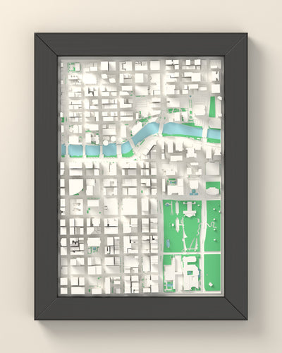3D Chicago Map Framed - 3D printed Chicago map in a black wooden A5 frame, lit from the side