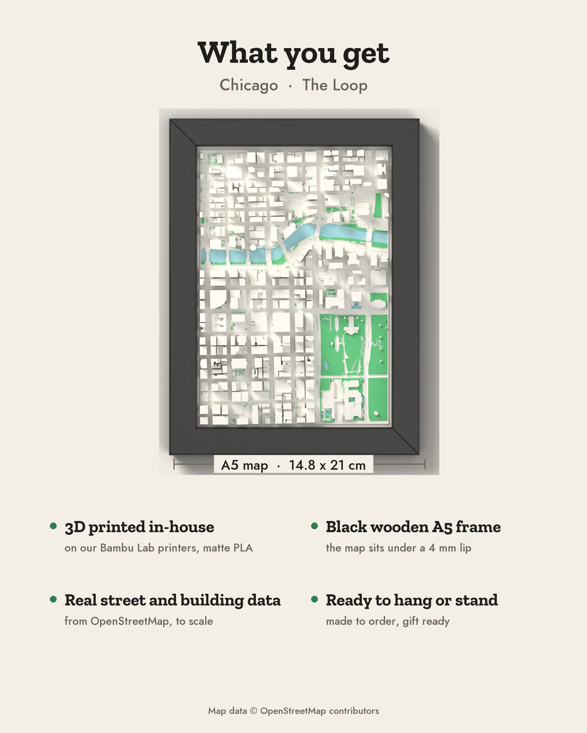 3D Chicago Map Framed - What you get: A5 3D city map, 14.8 x 21 cm, in a black wooden frame