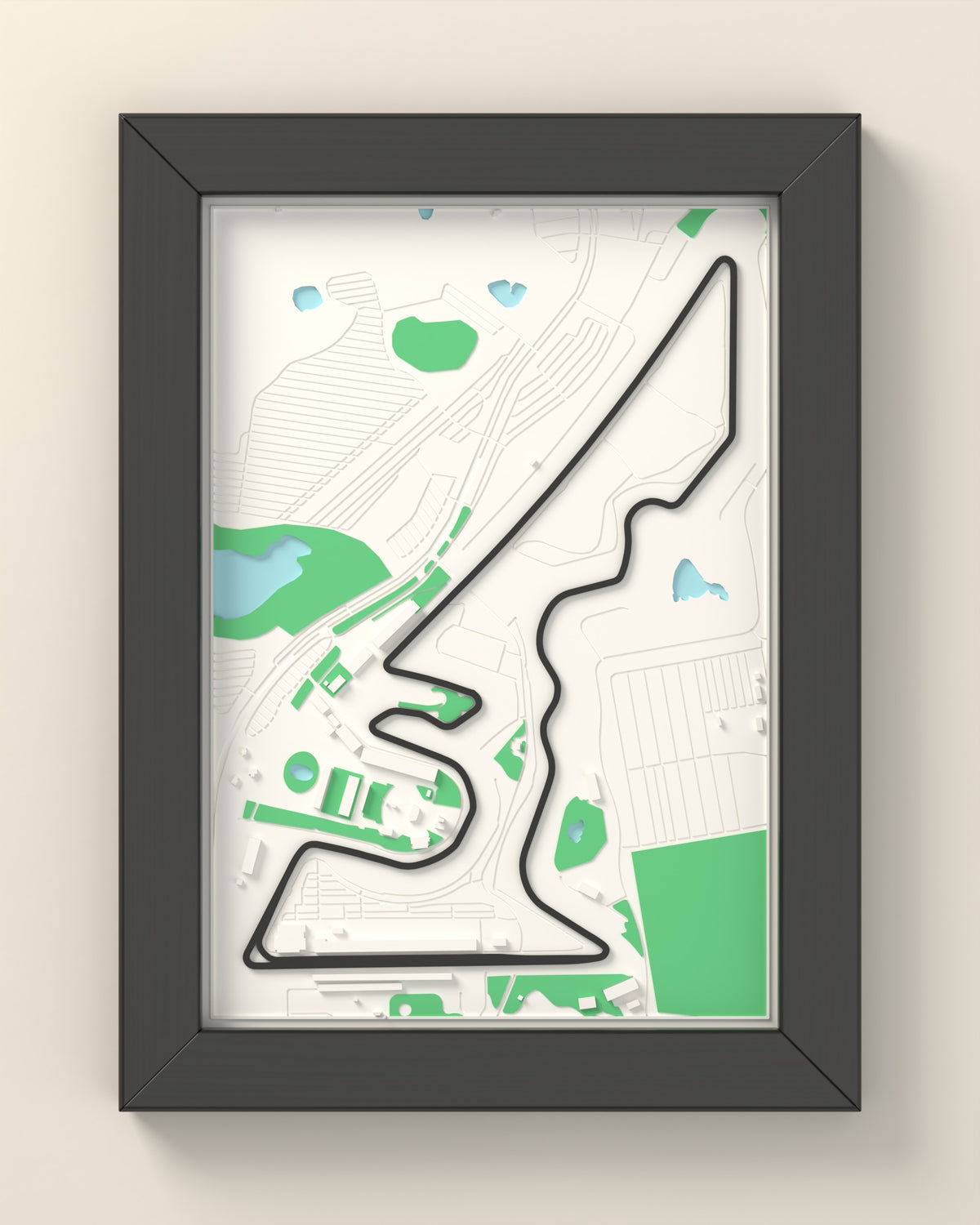 3D Circuit of the Americas Map Framed - 3D printed Circuit of the Americas map in a black wooden A5 frame, the track raised in dark grey