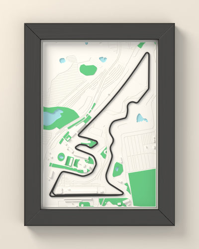 3D Circuit of the Americas Map Framed - 3D printed Circuit of the Americas map in a black wooden A5 frame, the track raised in dark grey