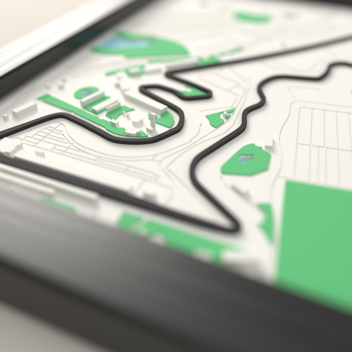 3D Circuit of the Americas Map Framed - Close-up across the 3D map: the Circuit of the Americas track standing up from the map