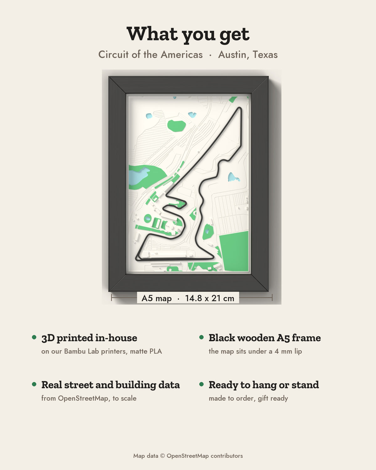 3D Circuit of the Americas Map Framed - What you get: A5 3D circuit map, 14.8 x 21 cm, in a black wooden frame