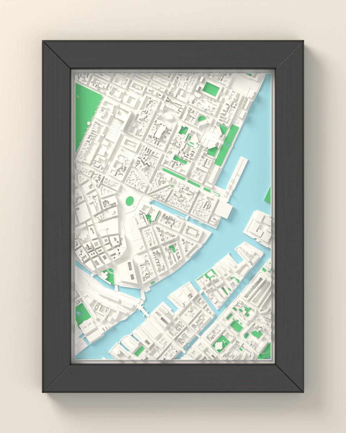 3D Copenhagen Map Framed - 3D printed Copenhagen map in a black wooden A5 frame, lit from the side