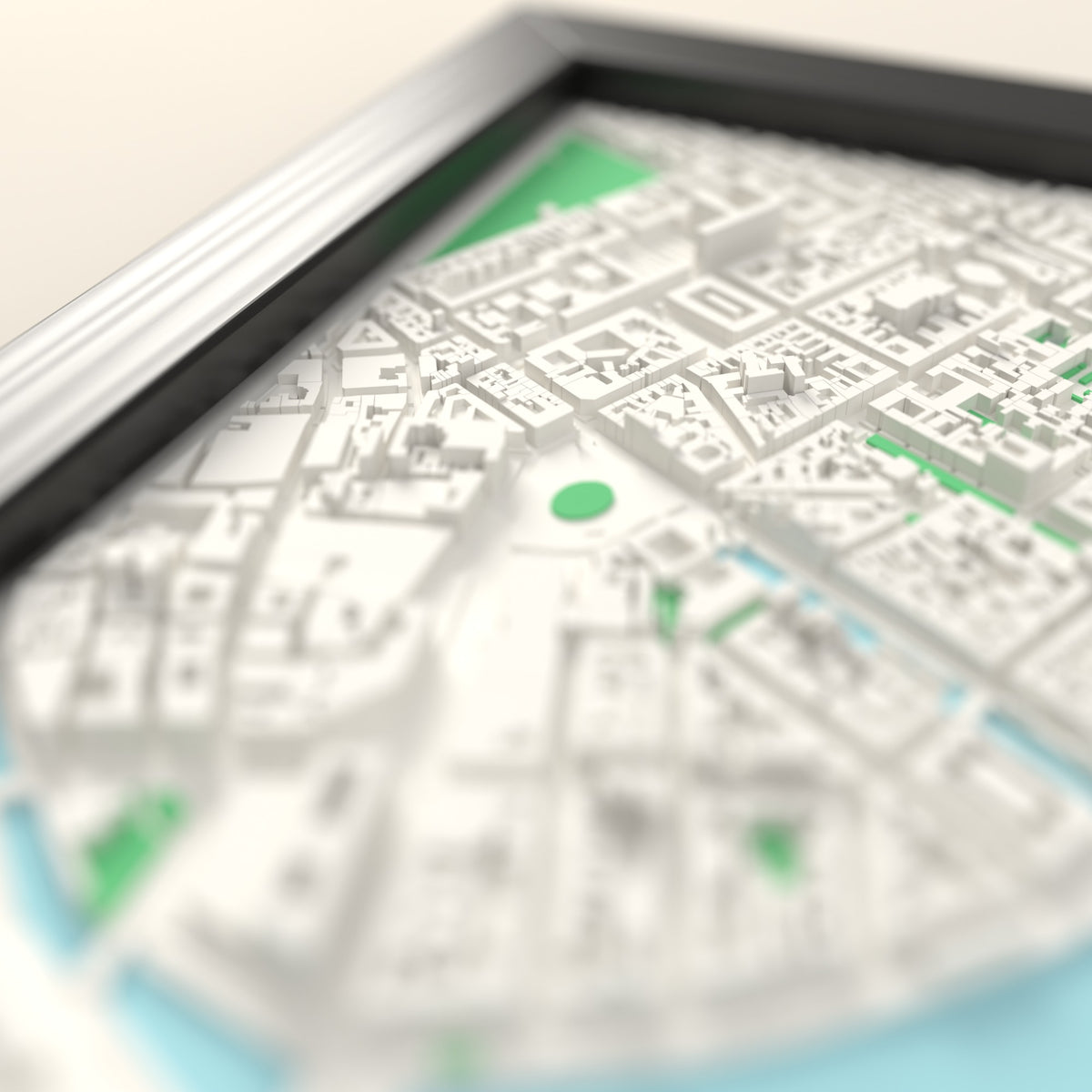 3D Copenhagen Map Framed - Close-up across the 3D Copenhagen map showing the raised streets and buildings