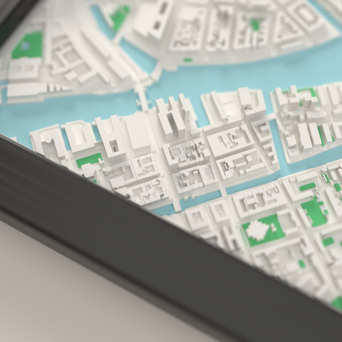 3D Copenhagen Map Framed - Close-up of the raised streets of Copenhagen on the 3D printed map