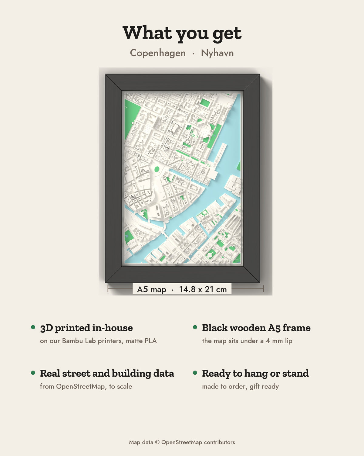 3D Copenhagen Map Framed - What you get: A5 3D city map, 14.8 x 21 cm, in a black wooden frame