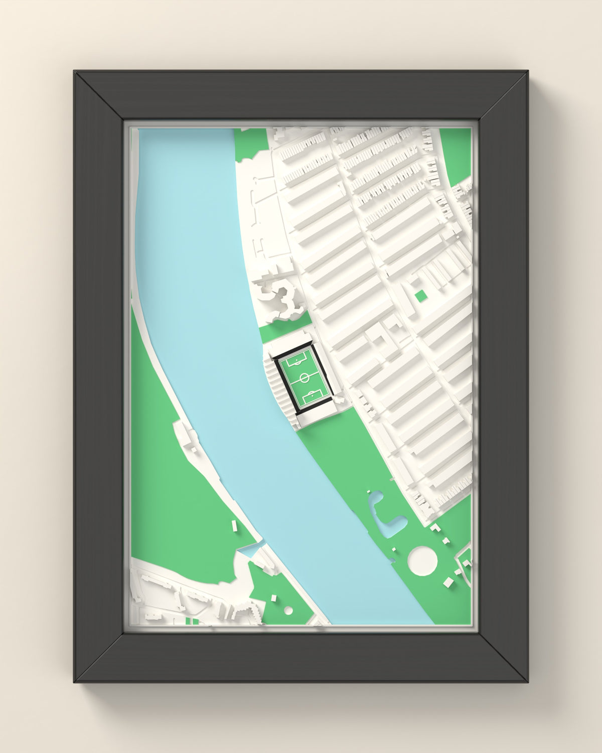 3D Craven Cottage Map Framed - 3D printed Craven Cottage map in a black wooden A5 frame, lit from the side