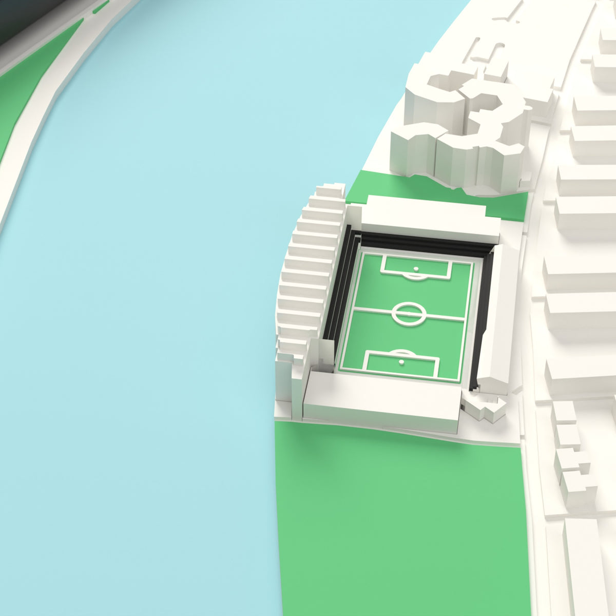 3D Craven Cottage Map Framed - Detail of the 3D printed Craven Cottage: every stand modelled from the real ground, seats in black