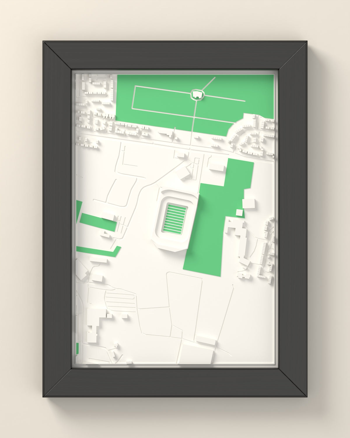 3D Craven Park Map Framed - 3D printed Craven Park map in a black wooden A5 frame, lit from the side