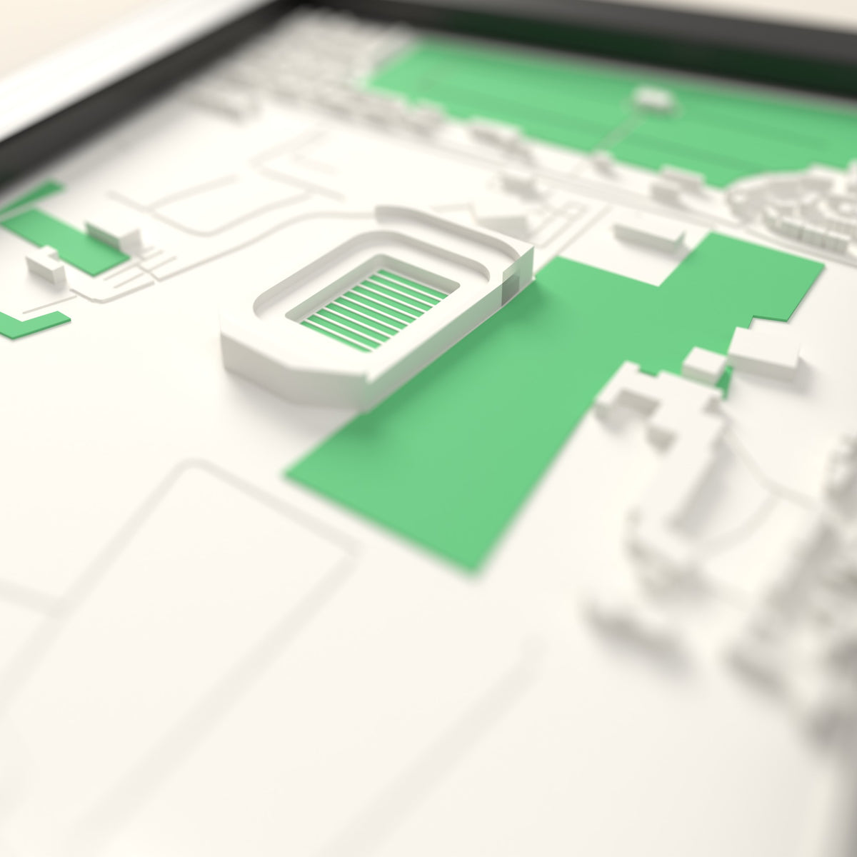 3D Craven Park Map Framed - Close-up across the 3D map showing the Craven Park stands and green pitch standing up from the streets