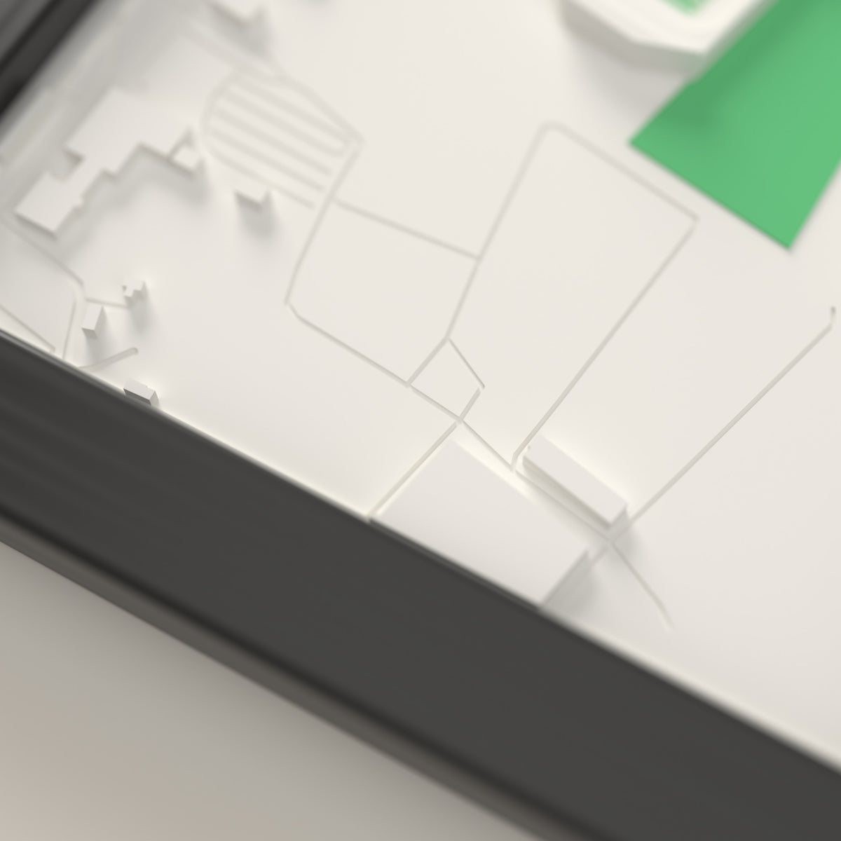 3D Craven Park Map Framed - Close-up of the raised streets and buildings around Craven Park on the 3D printed map