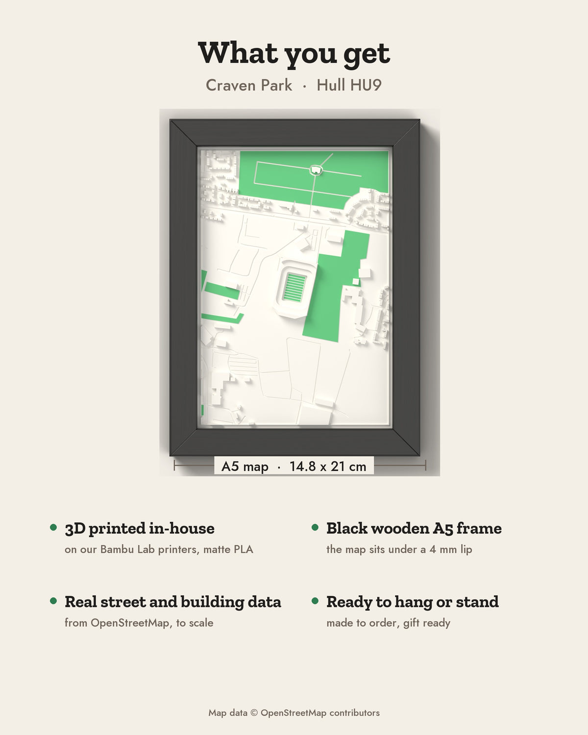 3D Craven Park Map Framed - What you get: A5 3D stadium map, 14.8 x 21 cm, in a black wooden frame