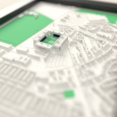 3D Deepdale Map Framed - Close-up across the 3D map showing the Deepdale stands and green pitch standing up from the streets