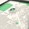 3D Deepdale Map Framed - Close-up across the 3D map showing the Deepdale stands and green pitch standing up from the streets