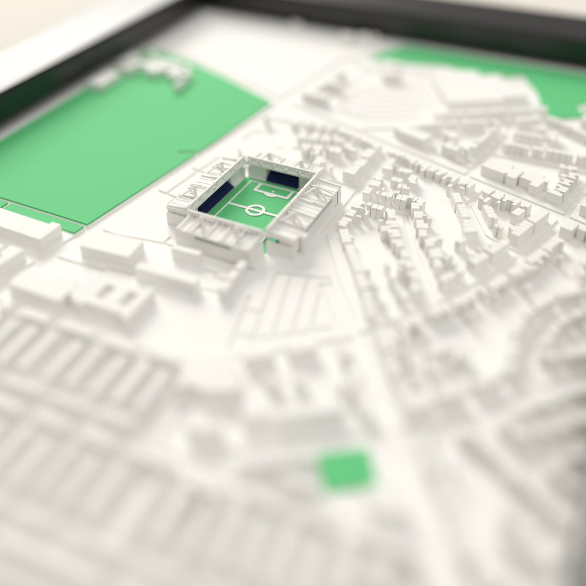3D Deepdale Map Framed - Close-up across the 3D map showing the Deepdale stands and green pitch standing up from the streets