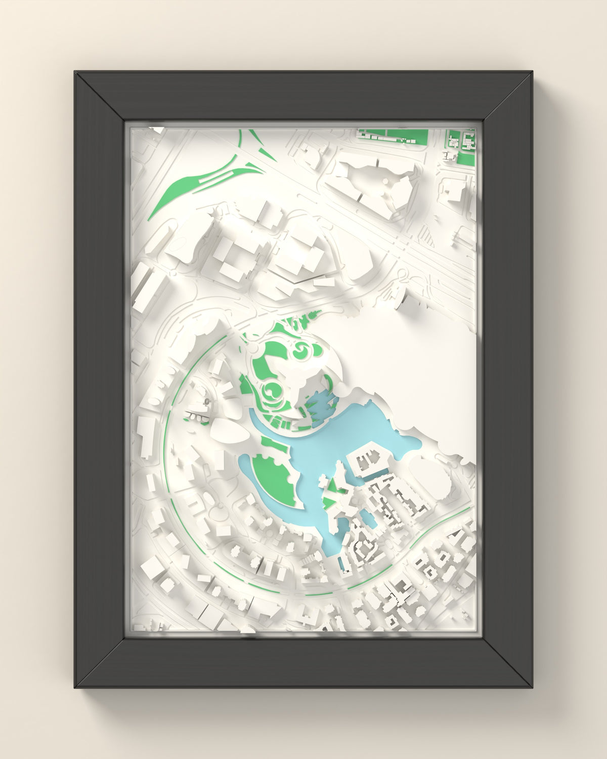 3D Dubai Map Framed - 3D printed Dubai map in a black wooden A5 frame, lit from the side