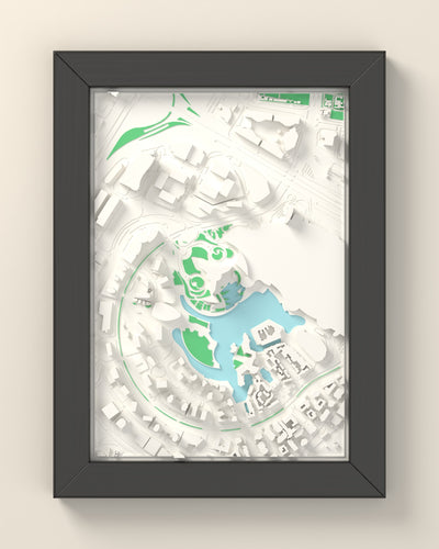3D Dubai Map Framed - 3D printed Dubai map in a black wooden A5 frame, lit from the side