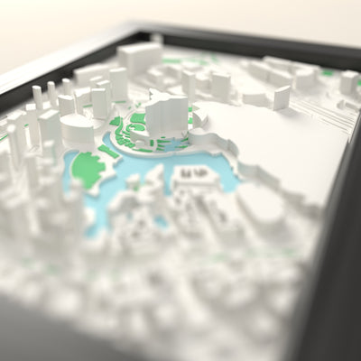 3D Dubai Map Framed - Close-up across the 3D Dubai map showing the raised streets and buildings