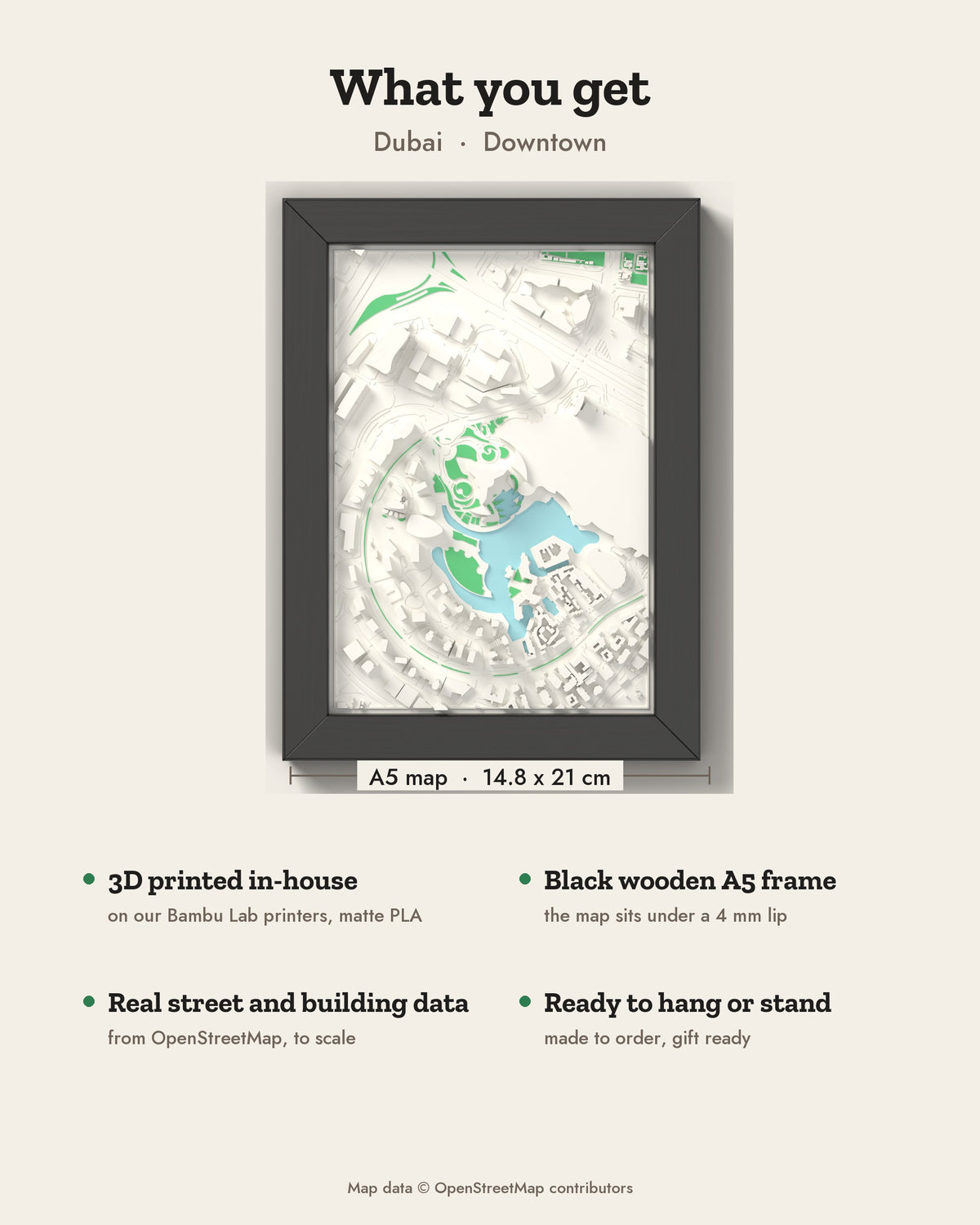 3D Dubai Map Framed - What you get: A5 3D city map, 14.8 x 21 cm, in a black wooden frame