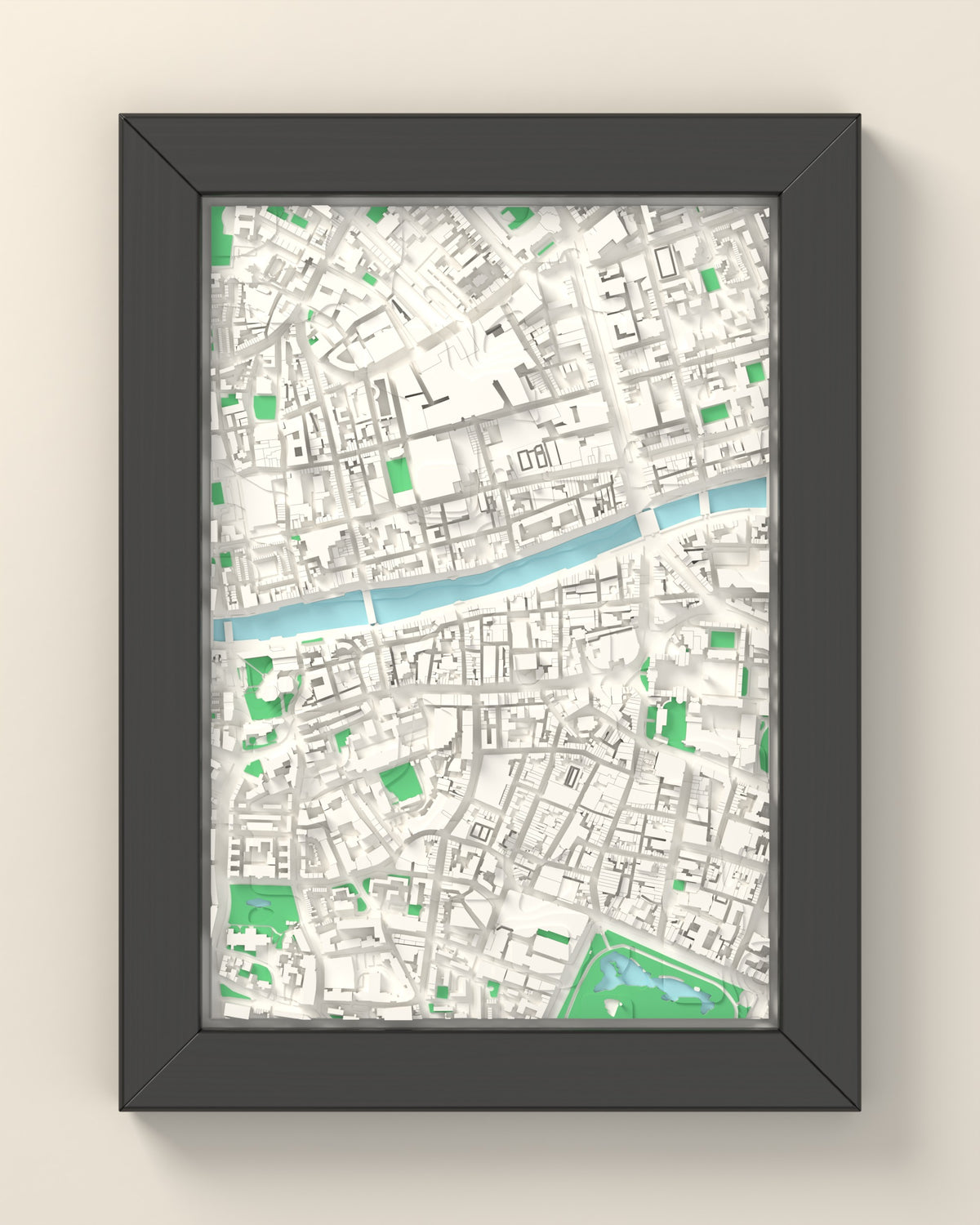 3D Dublin Map Framed - 3D printed Dublin map in a black wooden A5 frame, lit from the side